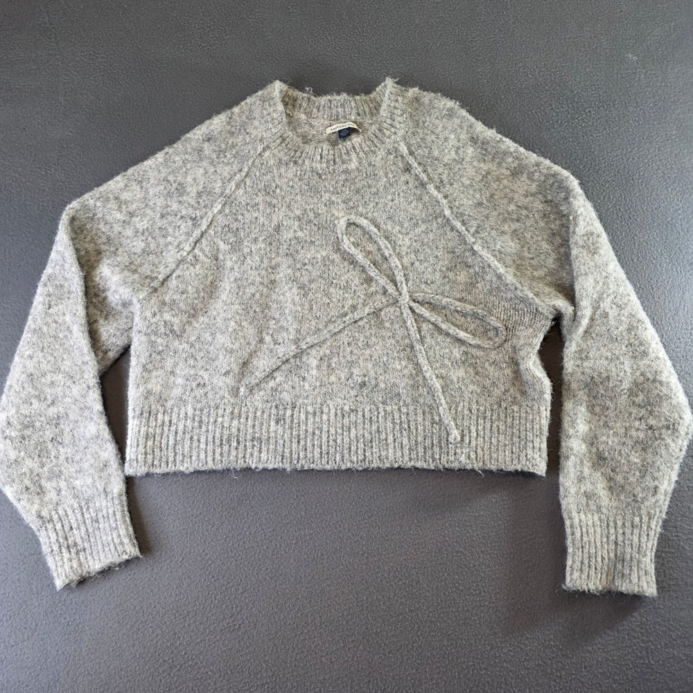 American Eagle‎ Gray Bow Cropped Fuzzy Sweater Womens Large Knit Pullover